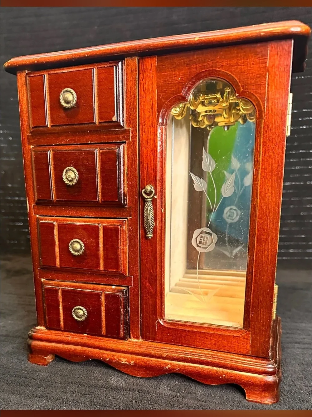 Vintage Wooden Jewelry Armoire Cabinet w/ Drawers, Mirror & Glass Door